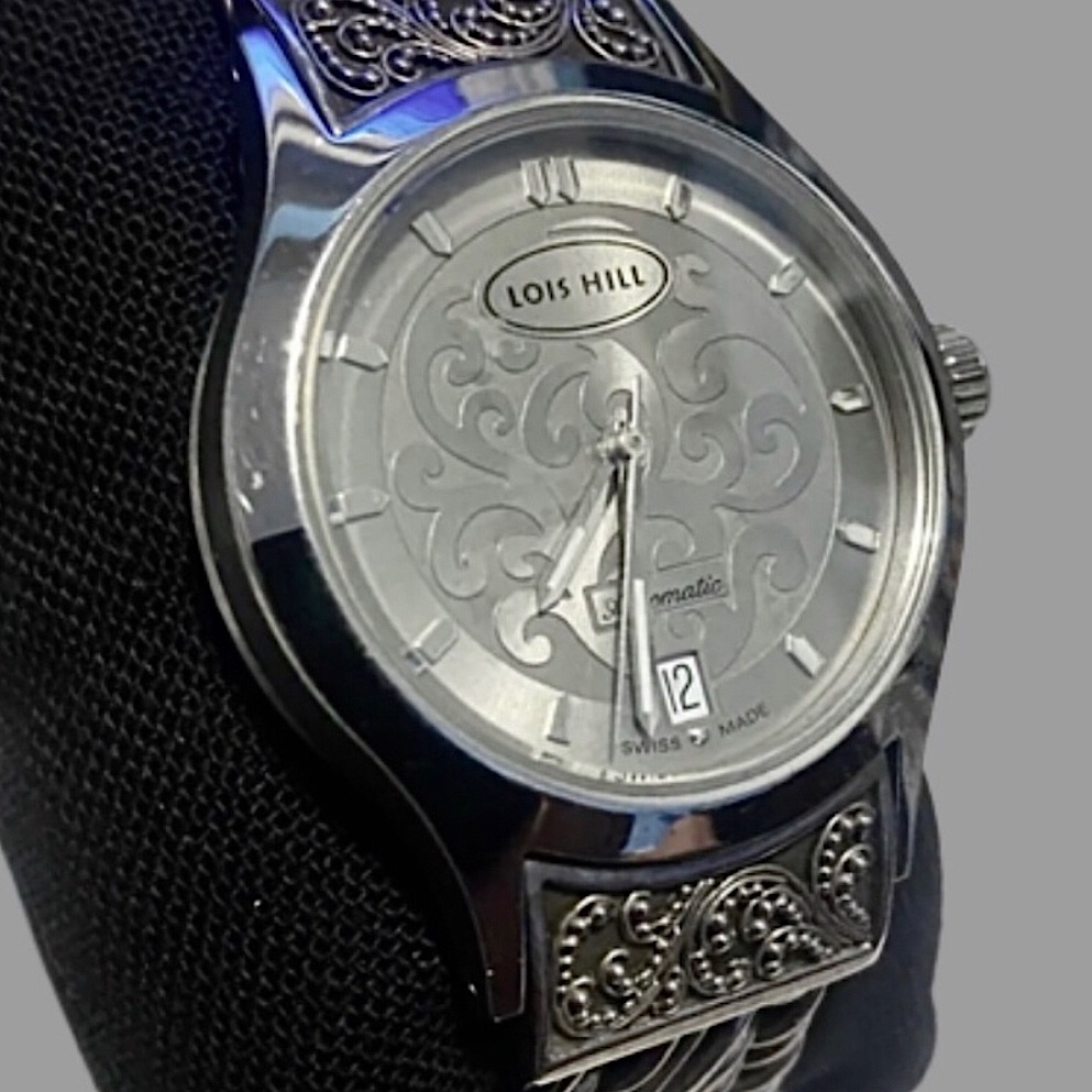 Lois Hill Sterling Silver Bracelet Automatic Grey Face Round Watch